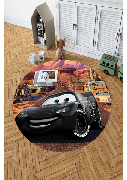 Baskılı Araba Desenli Yıkanabilir Kaymaz Taban Yuvarlak Çocuk Odası Halısı, Çocuk-Y-60-Siyah,