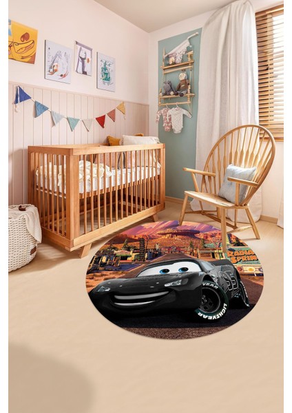 Baskılı Araba Desenli Yıkanabilir Kaymaz Taban Yuvarlak Çocuk Odası Halısı, Çocuk-Y-60-Siyah, fırsatları