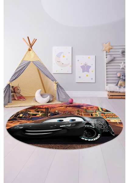 Baskılı Araba Desenli Yıkanabilir Kaymaz Taban Yuvarlak Çocuk Odası Halısı, Çocuk-Y-60-Siyah, indirimleri