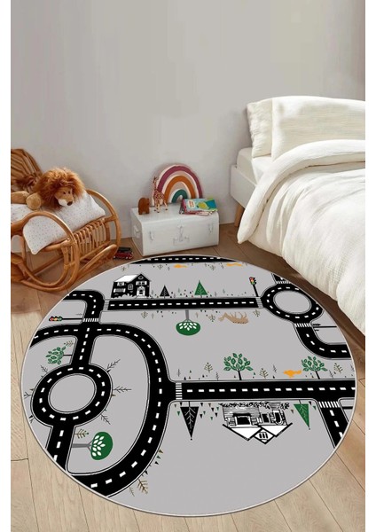 Baskılı Otomobil Yol Desenli Yıkanabilir Taban Yuvarlak Çocuk Odası Halısı, Çocuk-Y-55-Gri,