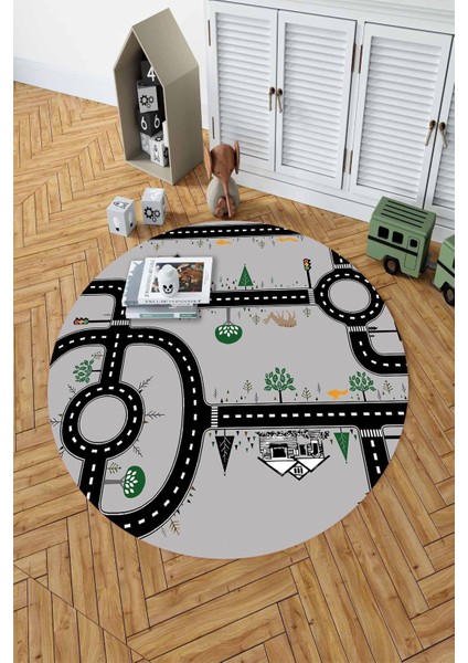 Baskılı Otomobil Yol Desenli Yıkanabilir Taban Yuvarlak Çocuk Odası Halısı, Çocuk-Y-55-Gri,