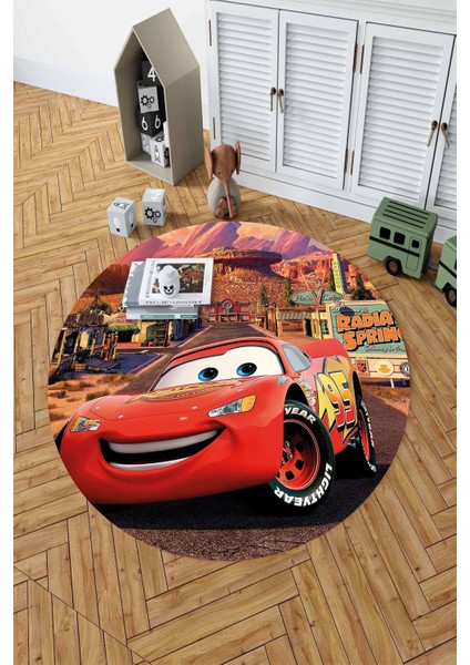 Baskılı Araba Desenli Yıkanabilir Kaymaz Taban Yuvarlak Çocuk Odası Halısı, Çocuk-Y-60-Kırmızı,