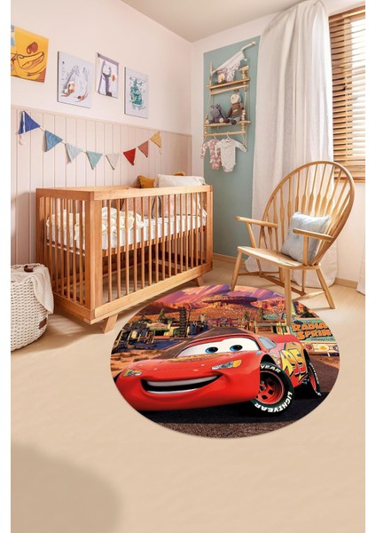 Baskılı Araba Desenli Yıkanabilir Kaymaz Taban Yuvarlak Çocuk Odası Halısı, Çocuk-Y-60-Kırmızı, fırsatları