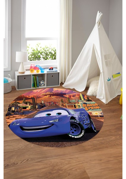 Baskılı Araba Desenli Yıkanabilir Kaymaz Taban Yuvarlak Çocuk Odası Halısı, Çocuk-Y-60-Mavi,
