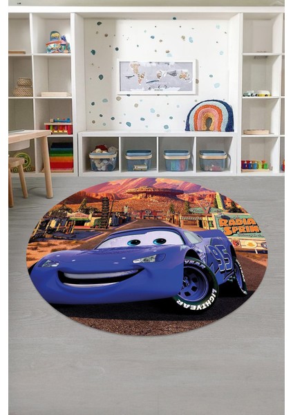 Baskılı Araba Desenli Yıkanabilir Kaymaz Taban Yuvarlak Çocuk Odası Halısı, Çocuk-Y-60-Mavi,