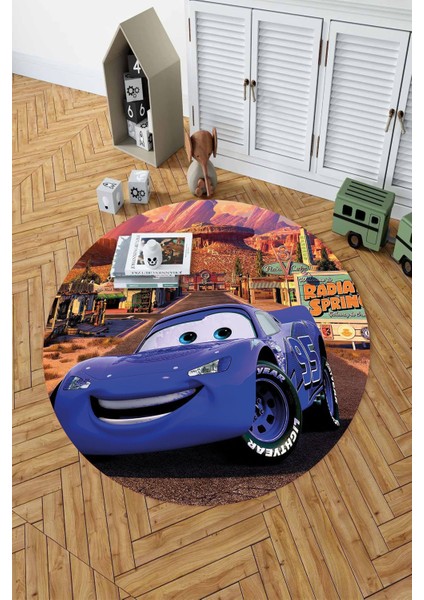 Baskılı Araba Desenli Yıkanabilir Kaymaz Taban Yuvarlak Çocuk Odası Halısı, Çocuk-Y-60-Mavi,
