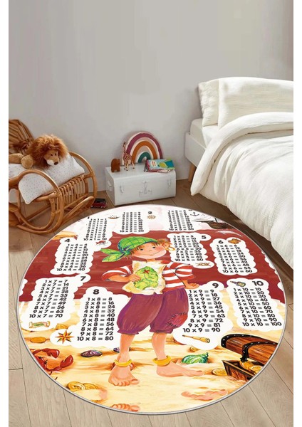 Baskılı Çarpım Tablo Desenli Yıkanabilir Kaymaz Yuvarlak Çocuk Odası Halısı, Çocuk-Y-78-Kırmızı,