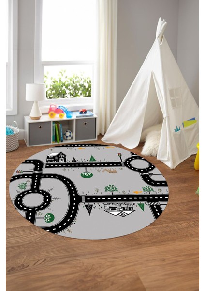 Baskılı Otomobil Yol Desenli Yıkanabilir Taban Yuvarlak Çocuk Odası Halısı, Çocuk-Y-55-Gri,