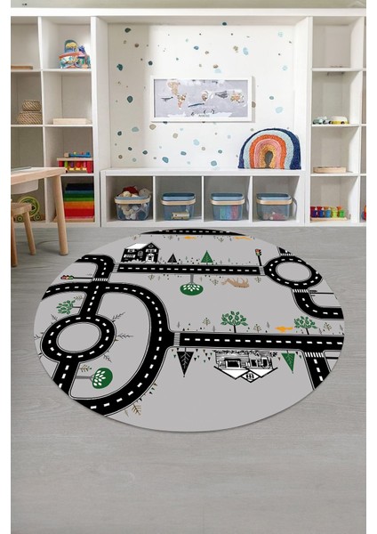 Baskılı Otomobil Yol Desenli Yıkanabilir Taban Yuvarlak Çocuk Odası Halısı, Çocuk-Y-55-Gri,
