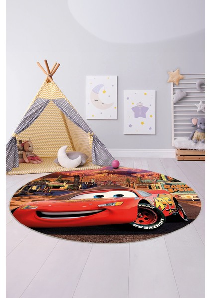 Baskılı Araba Desenli Yıkanabilir Kaymaz Taban Yuvarlak Çocuk Odası Halısı, Çocuk-Y-60-Kırmızı, indirimleri