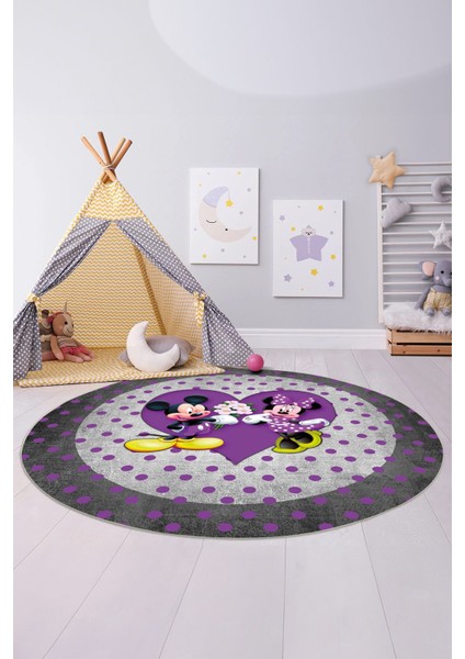 Baskılı Sevgili Fare Figürlü Yıkanabilir Kaymaz Yuvarlak Çocuk Odası Halısı, Çocuk-Y-82-Mor,