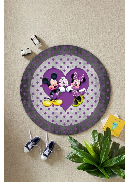 Baskılı Sevgili Fare Figürlü Yıkanabilir Kaymaz Yuvarlak Çocuk Odası Halısı, Çocuk-Y-82-Mor, modelleri