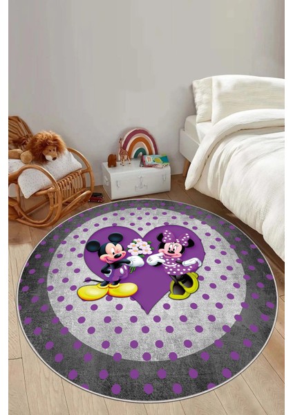 Baskılı Sevgili Fare Figürlü Yıkanabilir Kaymaz Yuvarlak Çocuk Odası Halısı, Çocuk-Y-82-Mor, fırsatları