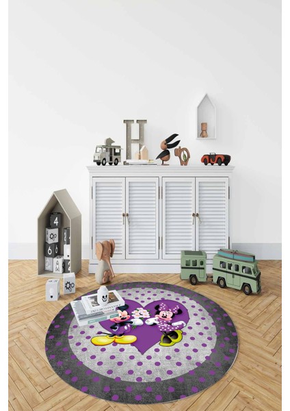 Baskılı Sevgili Fare Figürlü Yıkanabilir Kaymaz Yuvarlak Çocuk Odası Halısı, Çocuk-Y-82-Mor, fiyatları
