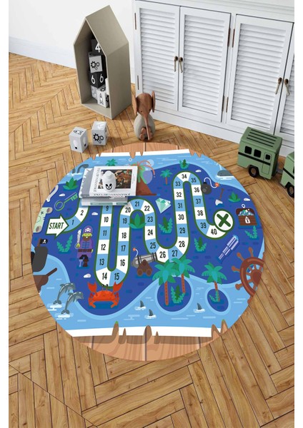 Baskılı Korsan Yol Desenli Yıkanabilir Kaymaz Taban Yuvarlak Çocuk Odası Halısı, Çocuk-Y-51-Mavi, fiyatları