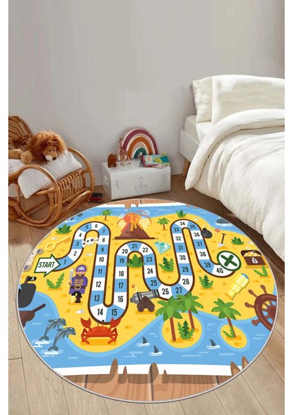 Baskılı Korsan Yol Desenli Yıkanabilir Kaymaz Taban Yuvarlak Çocuk Odası Halısı, Çocuk-Y-51-Sarı,