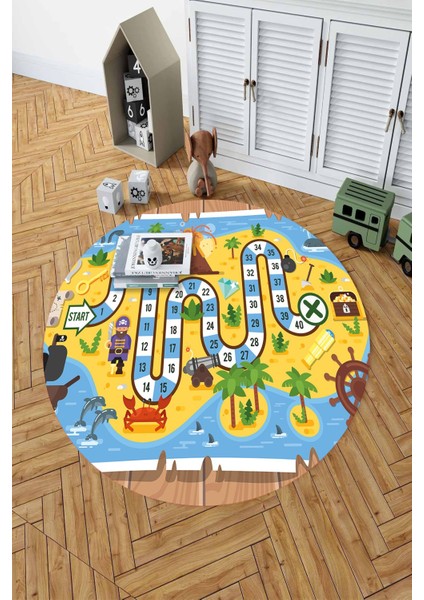 Baskılı Korsan Yol Desenli Yıkanabilir Kaymaz Taban Yuvarlak Çocuk Odası Halısı, Çocuk-Y-51-Sarı, fiyatları