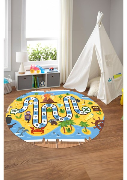 Baskılı Korsan Yol Desenli Yıkanabilir Kaymaz Taban Yuvarlak Çocuk Odası Halısı, Çocuk-Y-51-Sarı, modelleri