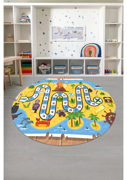 Baskılı Korsan Yol Desenli Yıkanabilir Kaymaz Taban Yuvarlak Çocuk Odası Halısı, Çocuk-Y-51-Sarı, fırsatları