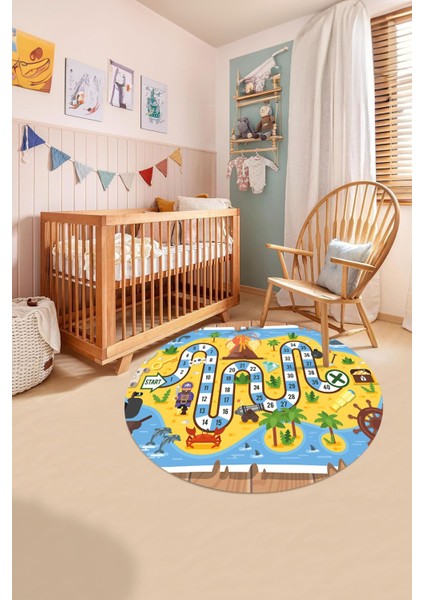 Baskılı Korsan Yol Desenli Yıkanabilir Kaymaz Taban Yuvarlak Çocuk Odası Halısı, Çocuk-Y-51-Sarı, indirimleri