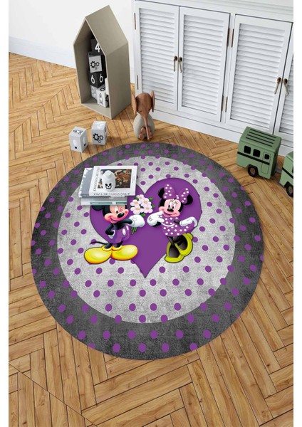 Baskılı Sevgili Fare Figürlü Yıkanabilir Kaymaz Yuvarlak Çocuk Odası Halısı, Çocuk-Y-82-Mor, indirimleri