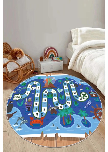 Baskılı Korsan Yol Desenli Yıkanabilir Kaymaz Taban Yuvarlak Çocuk Odası Halısı, Çocuk-Y-51-Mavi,