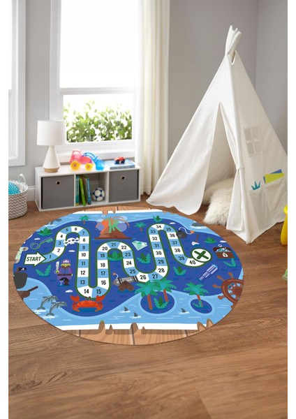 Baskılı Korsan Yol Desenli Yıkanabilir Kaymaz Taban Yuvarlak Çocuk Odası Halısı, Çocuk-Y-51-Mavi, modelleri