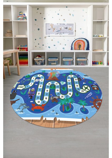 Baskılı Korsan Yol Desenli Yıkanabilir Kaymaz Taban Yuvarlak Çocuk Odası Halısı, Çocuk-Y-51-Mavi, fırsatları