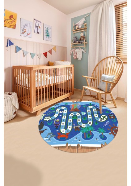 Baskılı Korsan Yol Desenli Yıkanabilir Kaymaz Taban Yuvarlak Çocuk Odası Halısı, Çocuk-Y-51-Mavi, indirimleri