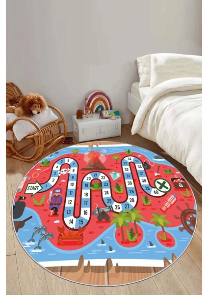 Baskılı Korsan Yol Desenli Yıkanabilir Kaymaz Taban Yuvarlak Çocuk Odası Halısı, Çocuk-Y-51-Kırmızı,