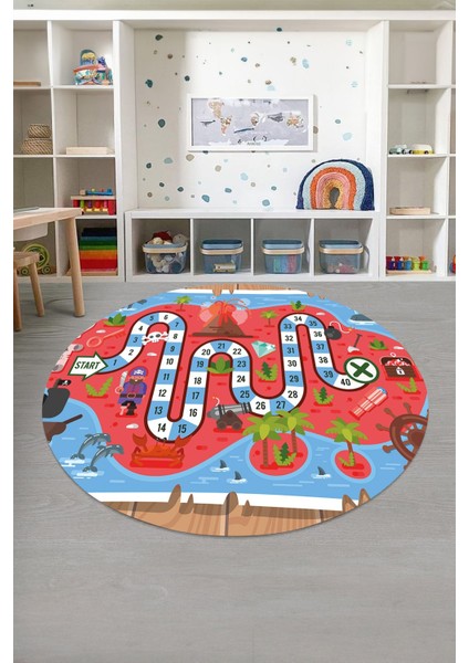 Baskılı Korsan Yol Desenli Yıkanabilir Kaymaz Taban Yuvarlak Çocuk Odası Halısı, Çocuk-Y-51-Kırmızı, fırsatları