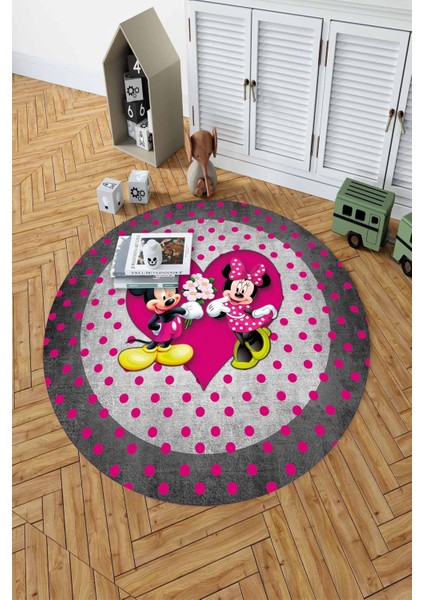 Baskılı Sevgili Fare Figürlü Yıkanabilir Kaymaz Yuvarlak Çocuk Odası Halısı, Çocuk-Y-82-Pembe, indirimleri