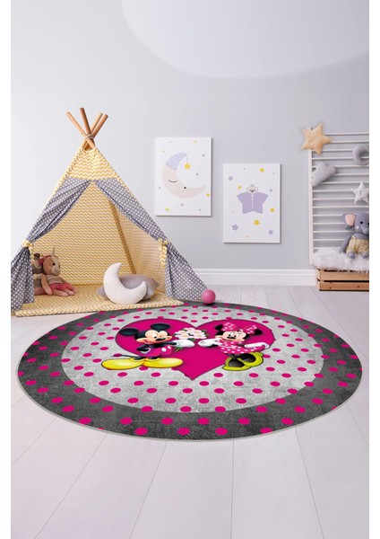 Baskılı Sevgili Fare Figürlü Yıkanabilir Kaymaz Yuvarlak Çocuk Odası Halısı, Çocuk-Y-82-Pembe,