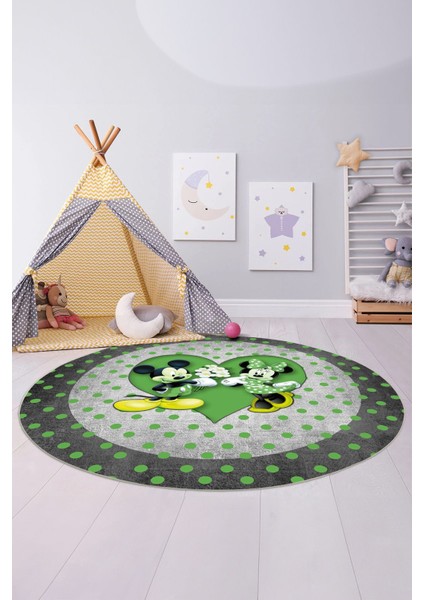 Baskılı Sevgili Fare Figürlü Yıkanabilir Kaymaz Yuvarlak Çocuk Odası Halısı, Çocuk-Y-82-Yeşil,