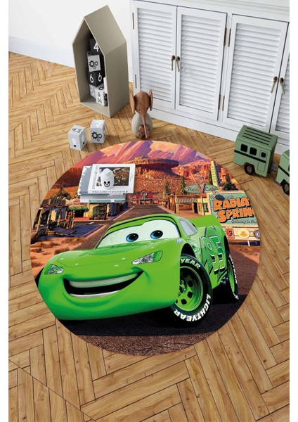 Baskılı Araba Desenli Yıkanabilir Kaymaz Taban Yuvarlak Çocuk Odası Halısı, Çocuk-Y-60-Yeşil,