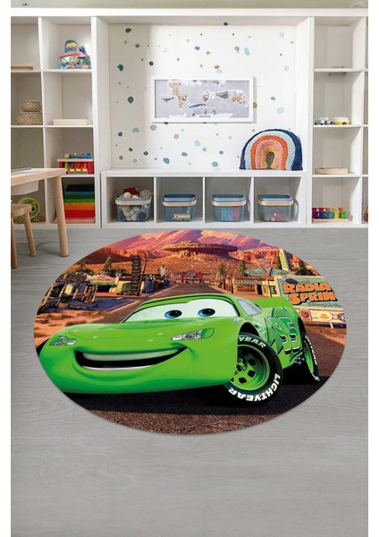 Baskılı Araba Desenli Yıkanabilir Kaymaz Taban Yuvarlak Çocuk Odası Halısı, Çocuk-Y-60-Yeşil, modelleri