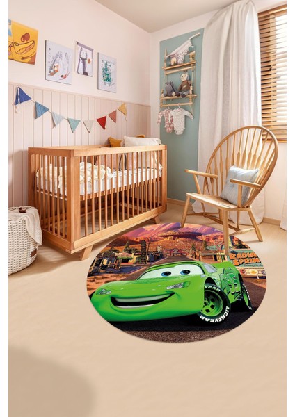 Baskılı Araba Desenli Yıkanabilir Kaymaz Taban Yuvarlak Çocuk Odası Halısı, Çocuk-Y-60-Yeşil, fırsatları