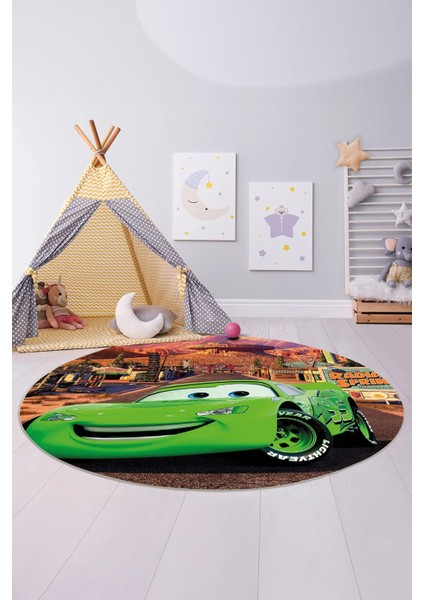 Baskılı Araba Desenli Yıkanabilir Kaymaz Taban Yuvarlak Çocuk Odası Halısı, Çocuk-Y-60-Yeşil, indirimleri