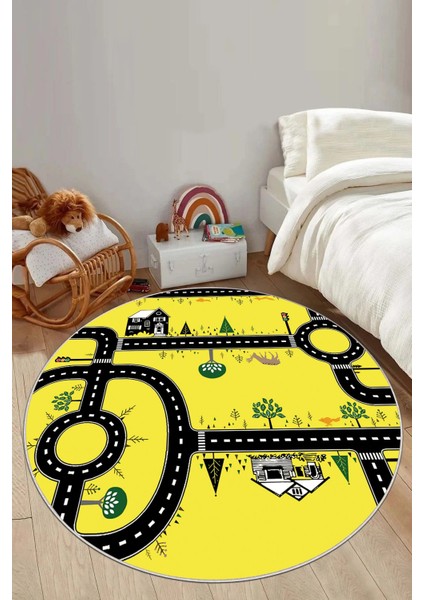Baskılı Otomobil Yol Desenli Yıkanabilir Taban Yuvarlak Çocuk Odası Halısı, Çocuk-Y-55-Sarı,