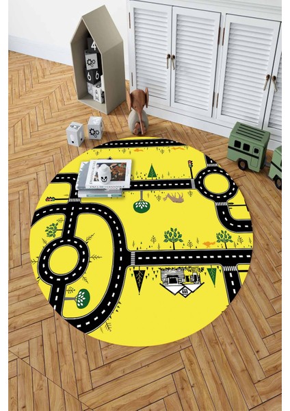 Baskılı Otomobil Yol Desenli Yıkanabilir Taban Yuvarlak Çocuk Odası Halısı, Çocuk-Y-55-Sarı,