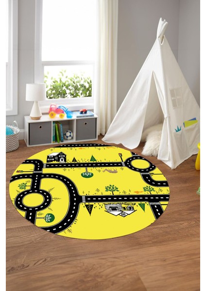 Baskılı Otomobil Yol Desenli Yıkanabilir Taban Yuvarlak Çocuk Odası Halısı, Çocuk-Y-55-Sarı,