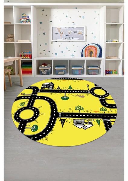 Baskılı Otomobil Yol Desenli Yıkanabilir Taban Yuvarlak Çocuk Odası Halısı, Çocuk-Y-55-Sarı,