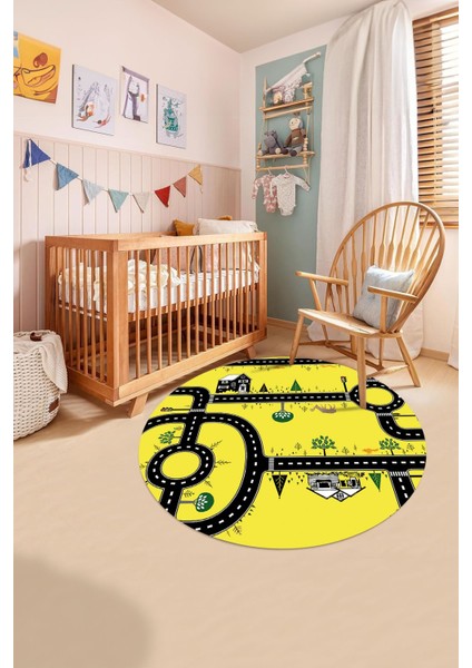 Baskılı Otomobil Yol Desenli Yıkanabilir Taban Yuvarlak Çocuk Odası Halısı, Çocuk-Y-55-Sarı,