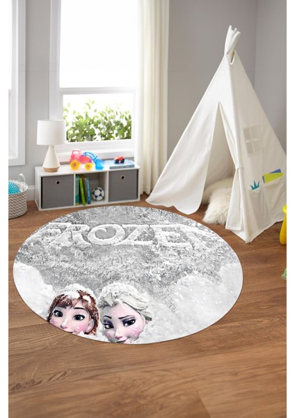 Baskılı Kız Karakter Desenli Yıkanabilir Kaymaz Yuvarlak Çocuk Odası Halısı, Çocuk-Y-66-Gri,