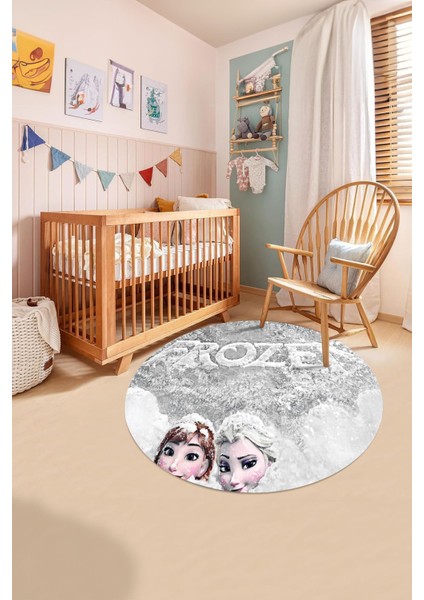 Baskılı Kız Karakter Desenli Yıkanabilir Kaymaz Yuvarlak Çocuk Odası Halısı, Çocuk-Y-66-Gri, modelleri