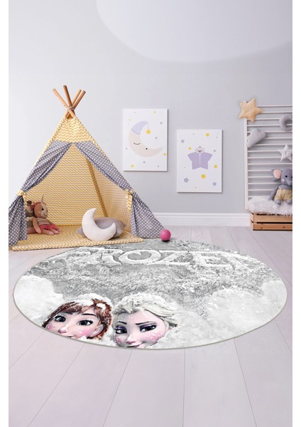 Baskılı Kız Karakter Desenli Yıkanabilir Kaymaz Yuvarlak Çocuk Odası Halısı, Çocuk-Y-66-Gri, fırsatları