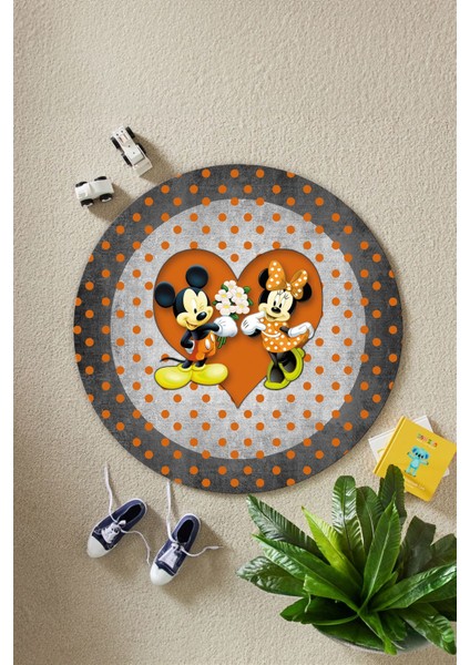 Baskılı Sevgili Fare Figürlü Yıkanabilir Kaymaz Yuvarlak Çocuk Odası Halısı, Çocuk-Y-82-Turuncu, modelleri