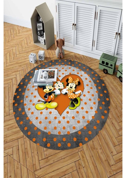 Baskılı Sevgili Fare Figürlü Yıkanabilir Kaymaz Yuvarlak Çocuk Odası Halısı, Çocuk-Y-82-Turuncu, indirimleri