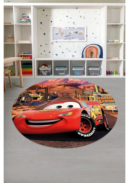 Baskılı Araba Desenli Yıkanabilir Kaymaz Taban Yuvarlak Çocuk Odası Halısı, Çocuk-Y-60-Kırmızı,