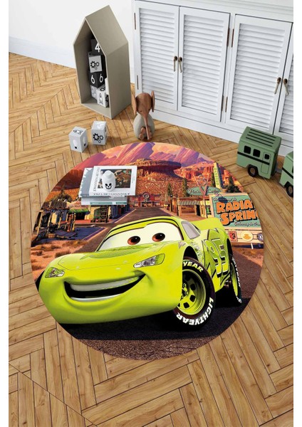 Baskılı Araba Desenli Yıkanabilir Kaymaz Taban Yuvarlak Çocuk Odası Halısı, Çocuk-Y-60-Sarı,